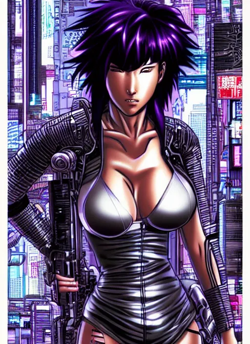 Image similar to motoko kusanagi in grungy cyberpunk megacity, intricate and finely detailed, cyberpunk vaporwave, portrait by j scott campbell