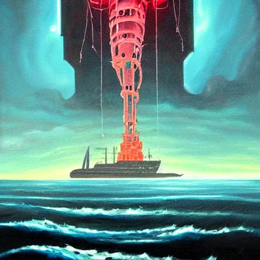 Image similar to a ship off the shore of a beautiful coast with a distant ominous biopunk tower filled with evil technology glowing in the distance, painting by John Berkley