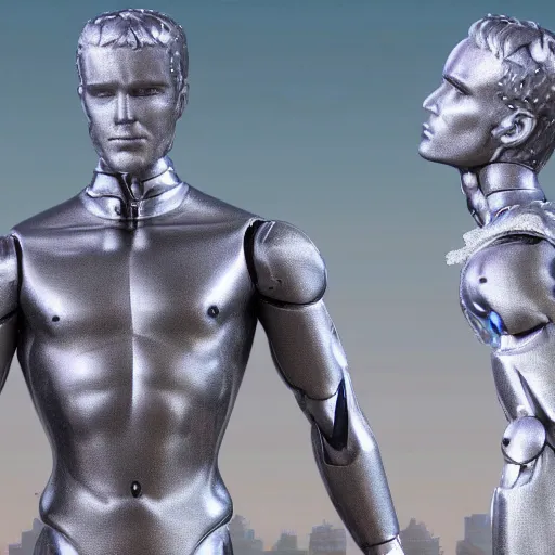 Image similar to made of ice, a realistic detailed photo of a guy who is an attractive humanoid who is half robot and half humanoid, who is a male android, on display, blank stare, showing off his muscles, shiny skin, posing like a statue, by the pool, frozen ice statue, twitch streamer / gamer ludwig, humanoid robot