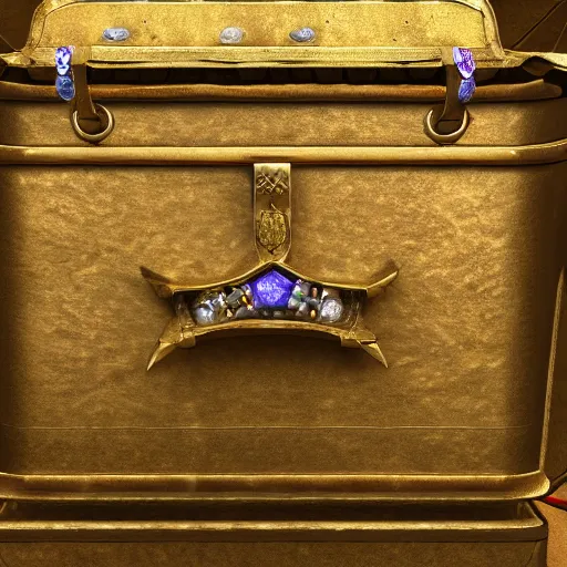 Image similar to A Dwemer chest filled with jewels and golden artefacts, 4k, hdri, museum quality photo