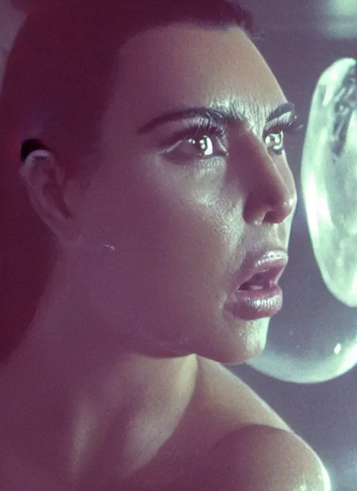 Prompt: film still of kim kardashian in the movie Alien, alien spider mounted to her face as she tries to resist, spider webbed body, scary cinematic shot, 4k.