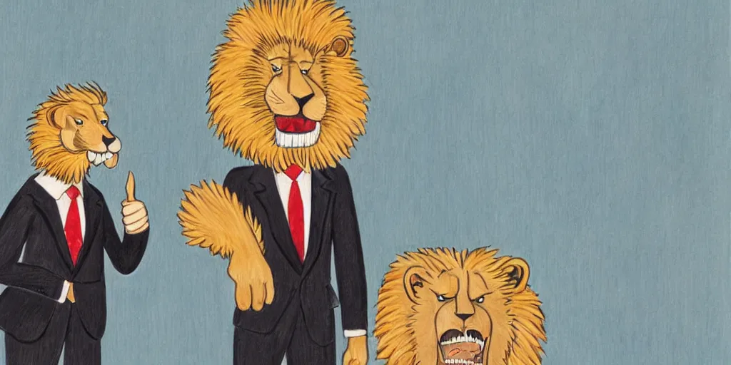 Image similar to an anthropomorphic lion wearing a suit and giving a thumbs up to his business partner, by lisa hanawalt, by wanda gag