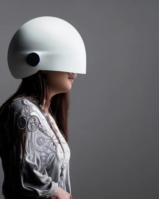 Prompt: centered medium shot fine studio photograph of a beautiful persian girl wearing a persian solarpunk electronic helmet with led lights, ultra-realistic, white background, 8k HDR morning light, intricate detail