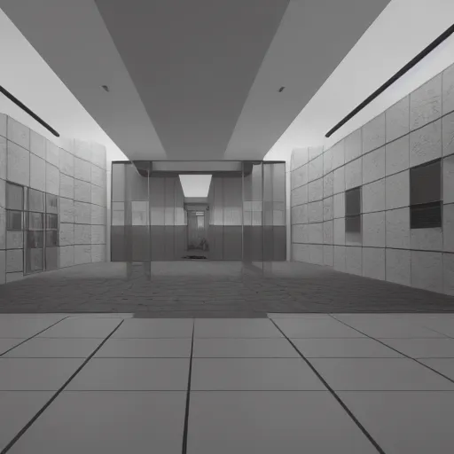 Image similar to symmetry, parallel perspective with center end point, parallax mapping of brutalist shop, octane render, high quality