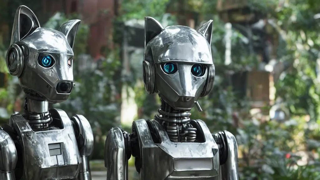 Image similar to film still from the movie chappie of the robot chappie shiny metal outdoor park plants garden scene bokeh depth of field furry anthro anthropomorphic stylized cat ears head android service droid robot machine fursona