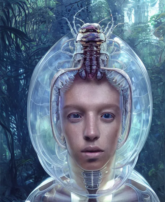 Image similar to opulent transparent clear see - through portrait of a terrifying beautiful male alien isopod cyborg, mottled coloring, adorable, childlike, overgrown biopunk jungle environment, ultra realistic, concept art, art nouveau, photorealistic, octane render, 8 k, unreal engine. art by christopher marley and artgerm and greg rutkowski and alphonse mucha