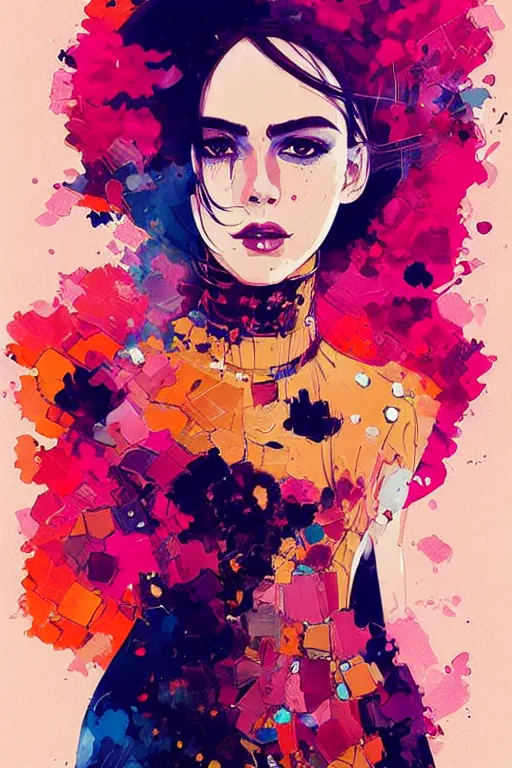 Prompt: an ultra detailed beautiful painting of a stylish woman with colorful haute couture dress, concert poster, futuristic, conrad roset, greg rutkowski