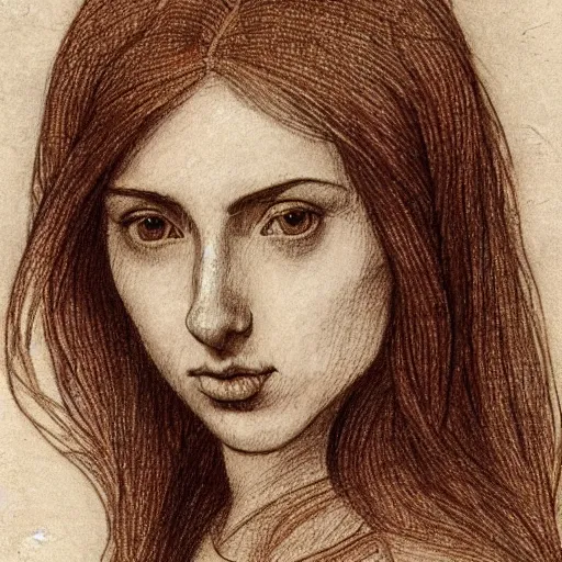 Image similar to a finished, detailed portrait drawing with reddish brown ink on parchment of a very young italian woman resembling scarlett johansson and ana de armas, by leonardo davinci in davinci's style from one of his notebooks