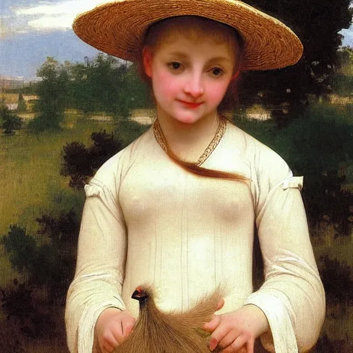 Prompt: young girl, blond hair with straw hat, riding an ostrich, bouguereau