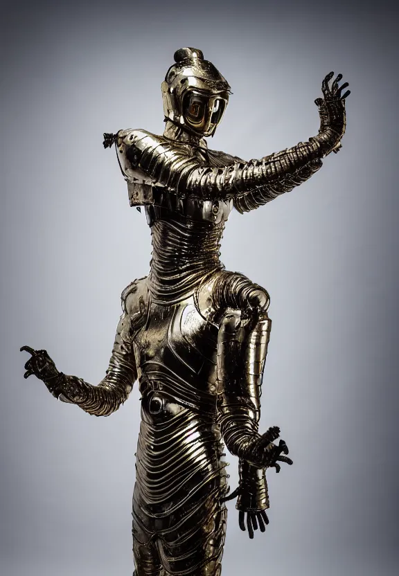 Prompt: thousand hand guanyin dance, metallic armor suit, standing upwards, apocalyptic, hyper realistic, shot on film, full body portrait
