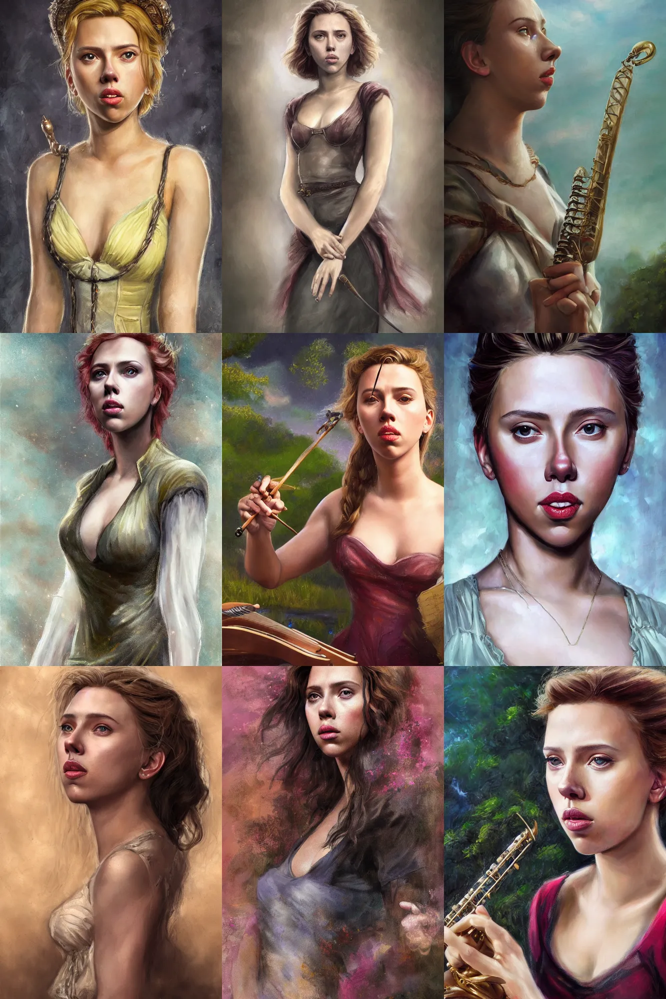 Prompt: a full body high detail fantasy portrait oil painting illustration of young scarlett johansson as a beautiful sophisticated singing bard woman by justin sweet with face and body clearly visible, in a scenic background, pupils visible, realistic proportions, d & d, rpg, forgotten realms, artstation trending, high quality, sombre mood, artstation trending, muted colours, entire person visible!