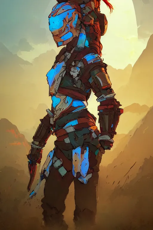 Image similar to combination suit armor aloy horizon forbidden west horizon zero dawn robot ninja mask helmet backpack tribal, art gta 5 comics, official fanart behance hd artstation by jesper ejsing, by rhads, makoto shinkai and lois van baarle, ilya kuvshinov, ossdraws radiating a glowing aura cgi rtx 2 0 2 2