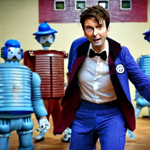 Prompt: closeup promotional image of an David Tennant as Doctor Who at a polka dance-off contest at the YMCA basketball gym, around the gym cybermen and daleks and captain jack are clapping, in the background the Tardis door is wide open, frenetic, quirky, movie still, promotional image, imax 70 mm footage, 4K