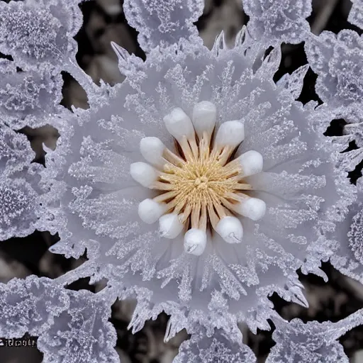 Prompt: of intricate and detailed frozen flower, symmetrical, by yoichi hatakenaka