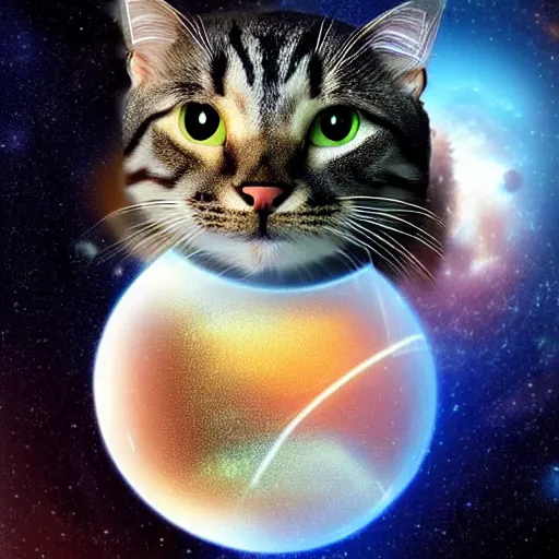 Prompt: ( very giant ) sci - fi cat!, in space ( earth in its mouth )