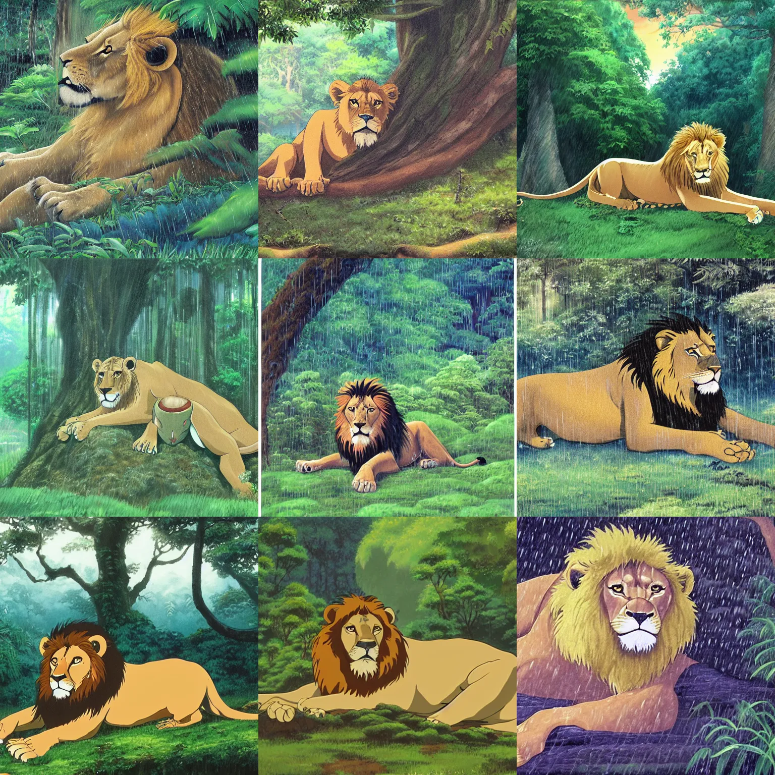 Prompt: masterpiece dynamic angle painting of a majestic lion resting near the canopy forest in the rain, by Studio Ghibli