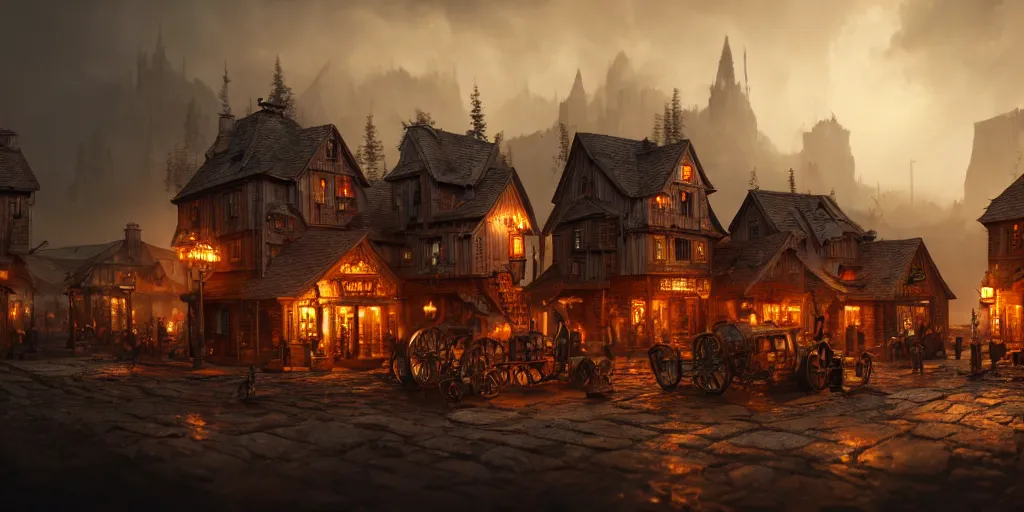 Image similar to a small steampunk wooden village, rich, cyborgs, dark aesthetic, soft colours, natural, steam, big clocks, concept art, octane render, unreal engine, in the style of luca guadagnino, highly detailed, high quality, artstation, digital art, 8 k hdr, cinematic, dramatic lighting, scenic, rich colour scheme