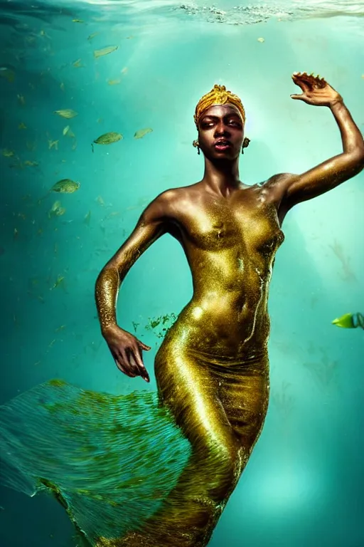 Prompt: hyperrealistic cinematic half underwater scene with fish and algae, very expressive! translucent elegant african goddess getting out of water, gold jewerly, highly detailed face, digital art masterpiece, aykut aydogdu zener, dramatic volumetric light, long shot, low angle uhd 8 k, sharp focus