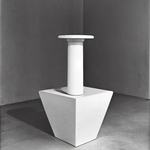 Image similar to Fontaine by Marcel Duchamp on a pedestal a a white cube museum, upside down readymade urinal, courtesy of Centre Pompidou, 35 mm film