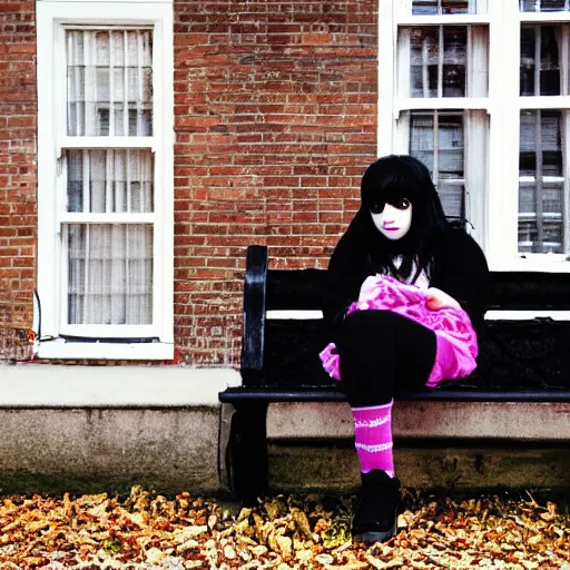 Image similar to an emo goth girl sitting on a bench in front of a British house on a freezing cold day, 2006, black hair