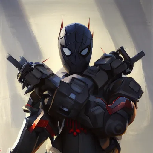 Image similar to greg manchess portrait painting of an armored dark dynamic iron spiderman as overwatch character, medium shot, asymmetrical, profile picture, organic painting, sunny day, matte painting, bold shapes, hard edges, street art, trending on artstation, by huang guangjian, gil elvgren, ruan jia, greg rutkowski, gaston bussiere