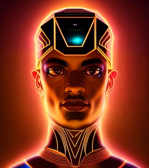 Image similar to symmetry!! egyptian god of technology, solid cube of light, hard edges, product render retro - futuristic poster scifi, lasers and neon circuits, brown skin handsome egyptian god, intricate, elegant, highly detailed, digital painting, artstation, concept art, smooth, sharp focus, illustration, dreamlike, art by artgerm