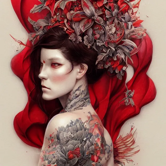 Image similar to ultra realistic illustration, beautiful woman dressed in red kimono, backview, tattoos, in the style of peter mohrbacher by weta digital and beth cavener, high face symmetry, intricate, masterpiece, award winning, high face symmetry, intricate