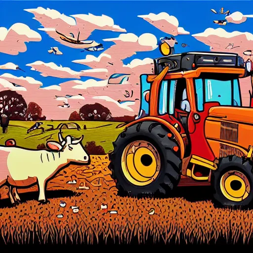 Image similar to A jigsaw with a cute illustration of a cow driving a tractor by Dan Mumford