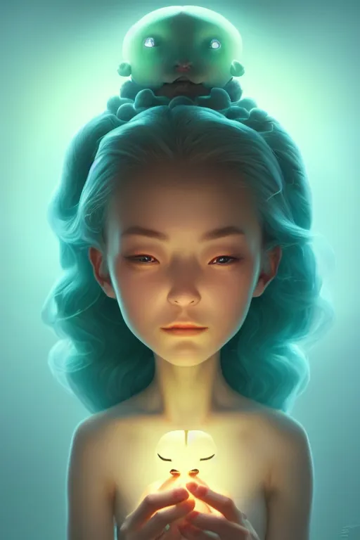 Image similar to super cute Bioluminescent wind deity character concept, only one face, soft light, soft mood, realistic body features and face, illustration, painting oil on canvas by Elena Zhurikhina and Goro Fujita and Charlie Bowater, octane render trending on artstation, 4k, 8k, HD