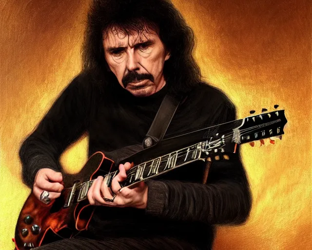 Prompt: photography of tony iommi playing a guitar at a tavern concert, 8 k, deep focus, d & d, fantasy, intricate, elegant, highly detailed, digital painting, artstation, concept art, matte, sharp focus, illustration, hearthstone, art by artgerm and greg rutkowski and alphonse mucha