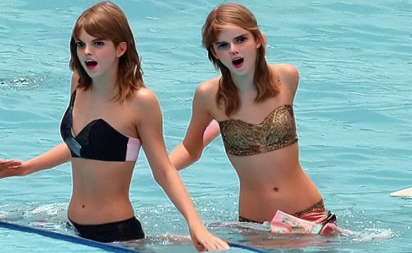 Image similar to emma watson+taylor swift+selena gomez swim together