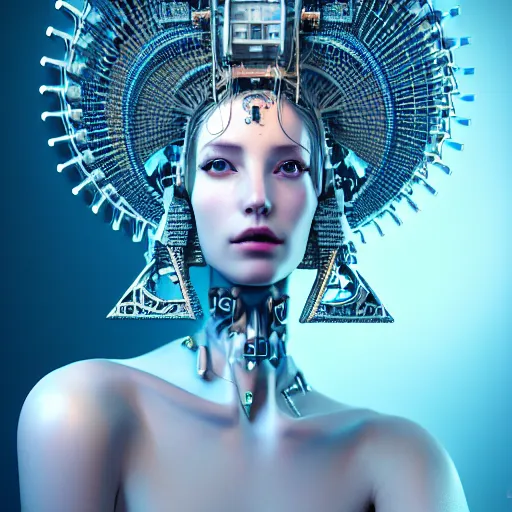 Prompt: portrait of an absurdly beautiful, graceful, sophisticated, fashionable cyberpunk mechanoid gravure idol, hyperdetailed illustration by irakli nadar, matt wisniewski style, intricate linework, white porcelain skin, iridescent fractal headdress, day - glow facepaint, unreal engine 5 highly rendered, global illumination, blue light, detailed and intricate environment