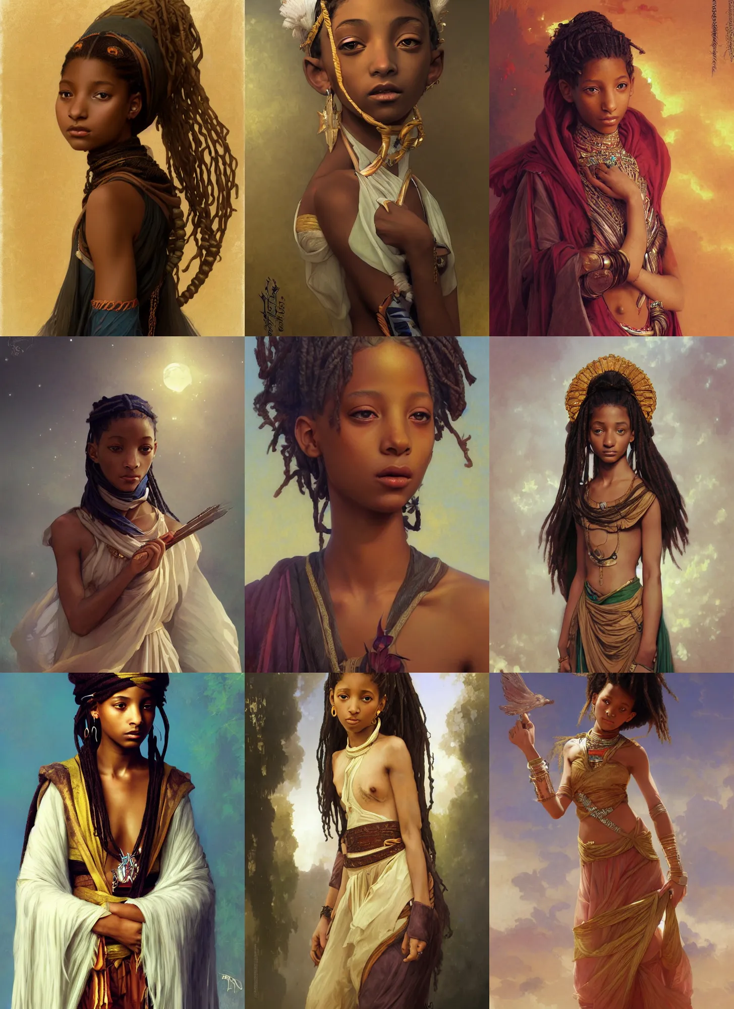 Prompt: willow smith young libyan princess, highly detailed, digital painting, artstation, concept art, sharp focus, illustration, orientalism, bouguereau, briclot, rutkowski, mucha