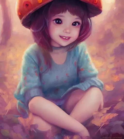 Image similar to a beautiful little girl wearing a mushroom hat sitting | | cute - fine - subtle smile, colorful hair, face, pretty face, fine details by stanley artgerm lau, wlop, rossdraws, james jean, andrei riabovitchev, marc simonetti, and sakimichan, trending on artstation