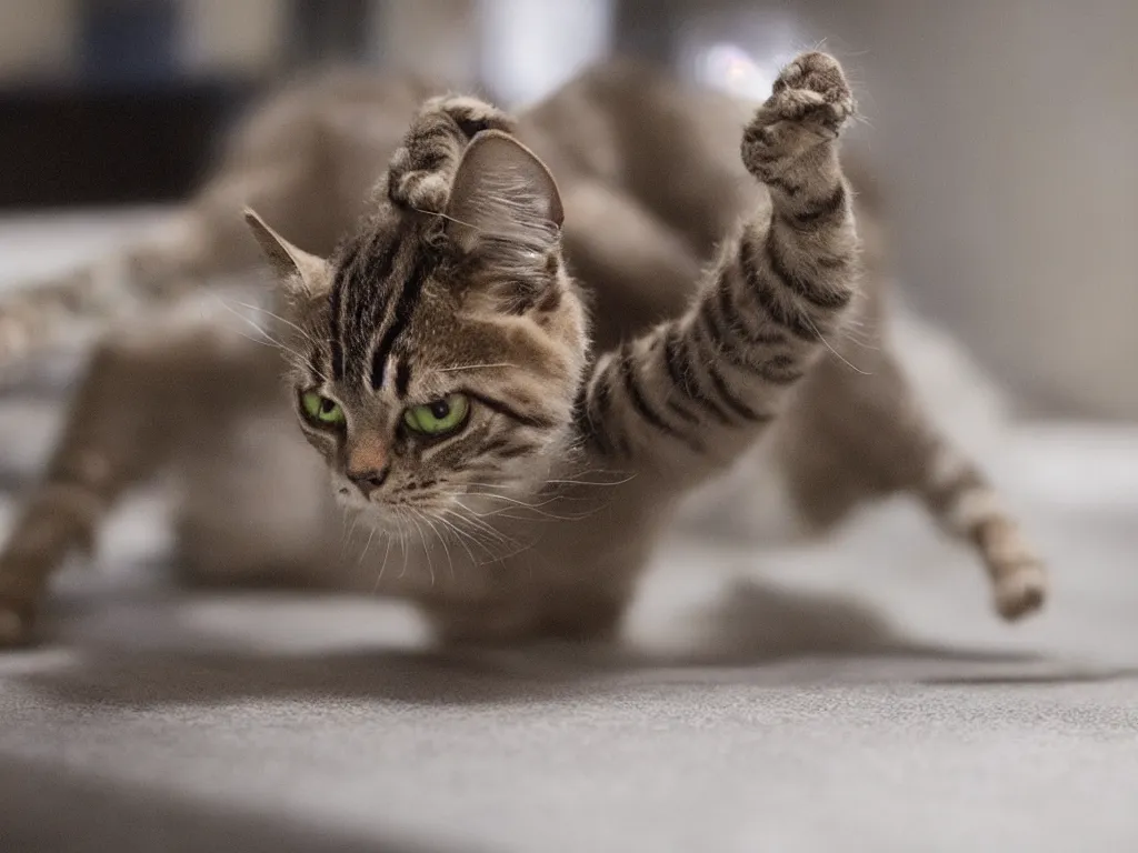 Image similar to Movie still: cat with spider legs. Cinematic shot. Action scene. Movie directed by Stephen Spielberg