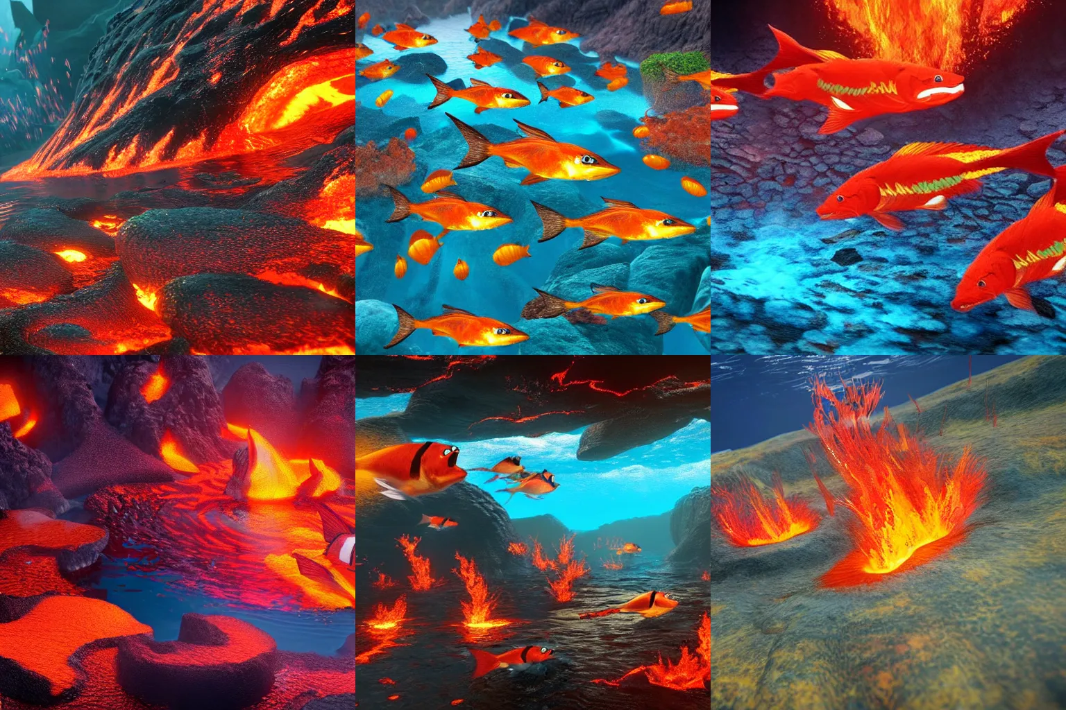 Prompt: school of fire - colored fish swimming in a volcano lava lake. 4 k video game concept art. unreal engine.