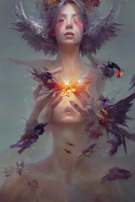 Image similar to beautiful girl necromancer exploding into flowers, angels, 3 d render, hyper - realistic detailed portrait, holding electricity and birds, ruan jia, wlop. scifi, fantasy, hyper detailed, octane render, concept art, peter mohrbacher