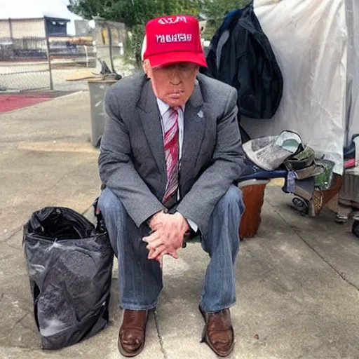 Image similar to homeless Donald Trump in a homeless camp, wearing cheap dirty clothes and maga hat, dirty Donald trump