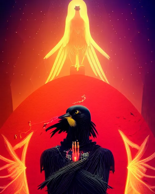 Image similar to beautiful digital fantasy illustration of a black bird with a red background, vanitas, wiccan, cowboy plague doctors, tarot card, angel sitting on a rock, abyssal warmth, octane render, detail texture, unreal engine, poster art by victo ngai, 8 k, photographic quality, ultra hyper realistic quality