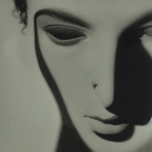 Prompt: Close-up portrait of a femme fatale. Face. Shadow and light. Abstract. Lines and geometry. Surrealist. Black and white. Side lighting. Golden ratio. Photography by Dora Maar. 1934.