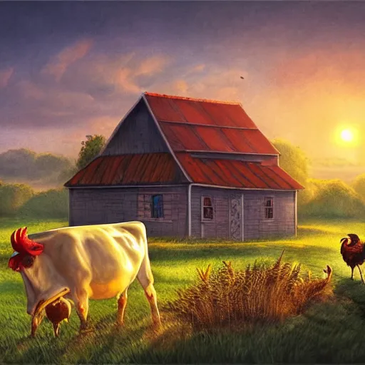 Image similar to sun rising over a farmhouse with a sleeping cow and a rooster crowing, concept art, illustrated, highly detailed, high quality, bright colors, optimistic,