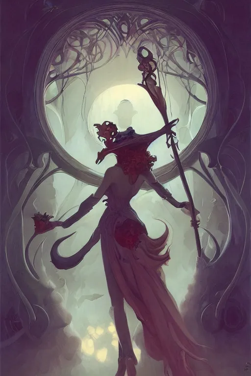 Prompt: Witch art nouveau by Peter Mohrbacher in the style of Gaston Bussière