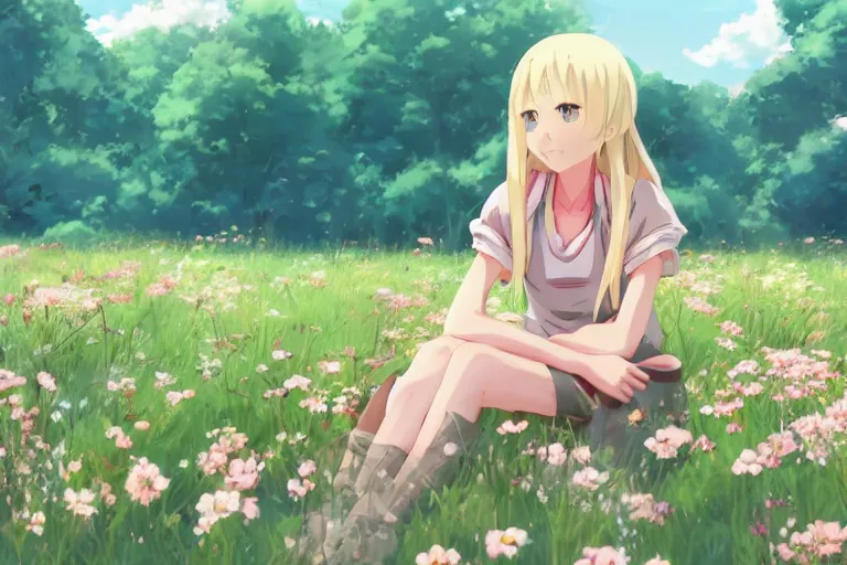 Prompt: beautiful anime blonde girl sitting in a field full of flowers, highly detailed, realistic, dynamic lighting, cinematic, masterpiece, trending on artstation, in the style of studio Ghibli