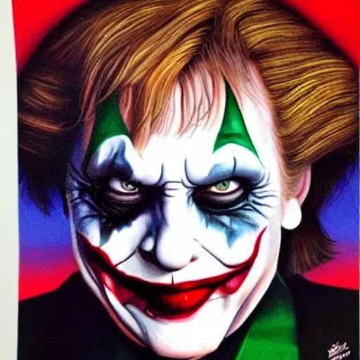 Image similar to angela merkel is the joker, airbrush art, drew struzan illustration art, key art, portrait