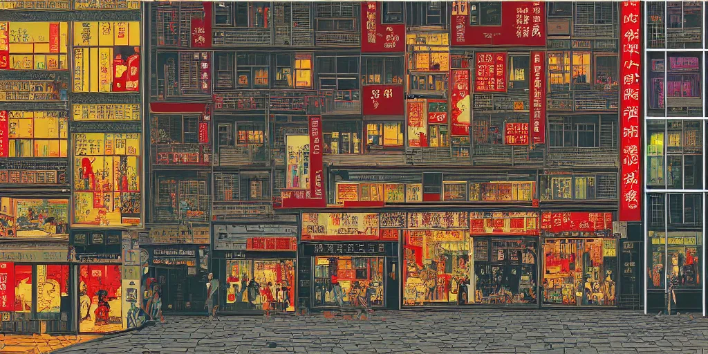 Image similar to a window view onto a street of shops in hong kong, by dan mumford and peter doig and edward hopper, minimal, black in, thick lines highly detailed, muted colours, overlaid with chinese adverts, 8 k