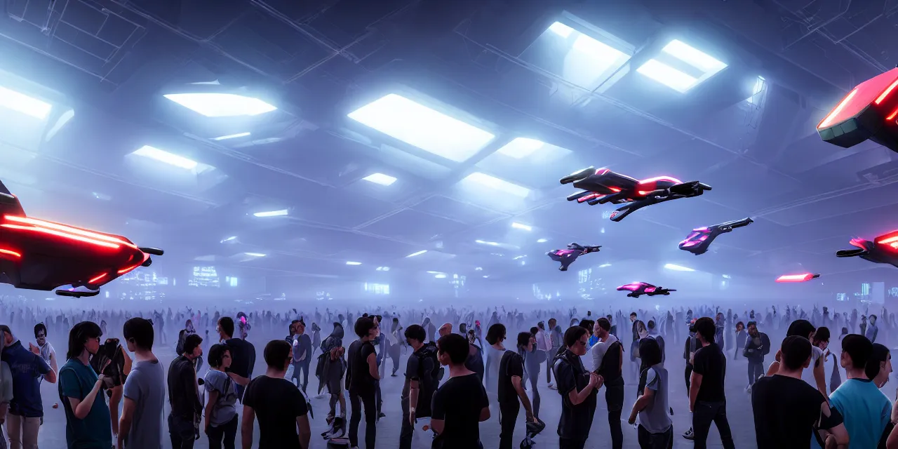 Prompt: cyberpunk exhibition full of hundreds of different hovercars, crowd watching and walking around exhibition site, enthusiastic spectators watching the race of flying vehicles in background, in the year 3 0 0 0, very high details, volumetric fog, raytracing, back light, raymarching, by ilm, by digital domain, by weta digital