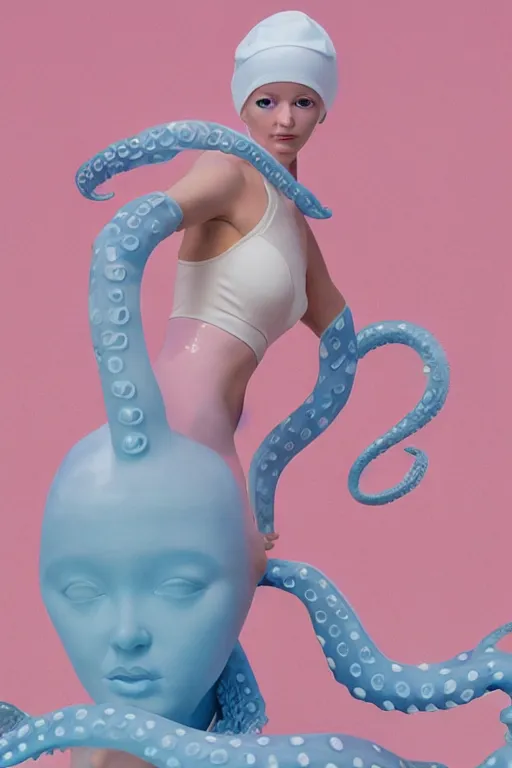 Image similar to full head and shoulders, beautiful porcelain female person, smooth, delicate facial features, big detailed eyes, white lashes, wearing a pale blue swimming cap and pale pink swimming costume, 3 d white large octopus tentacles, standing in a pastel soviet swimming pool, by daniel arsham and james jean