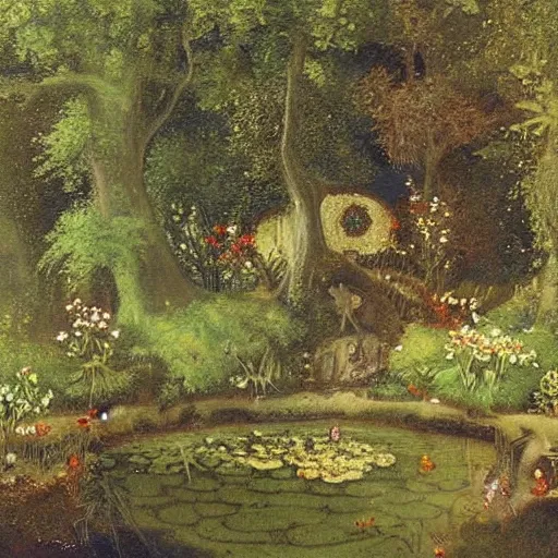 Prompt: detailed fairy hollow with a pond and flowers, by Cecily Mary Barker