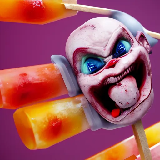 Image similar to popsicles shaped like screaming chucky doll octane render, unreal engine