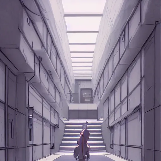 Image similar to a slimegirl in a bright white hallway with many doors and many stairs, Mc Escher architecture, epic composition, by Makoto Shinkai